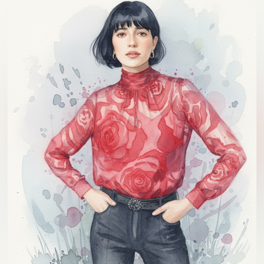 Elegant Red Rose Burnout Women's Blouse with detachable tank top. Self Tying - Picture 8 of 8